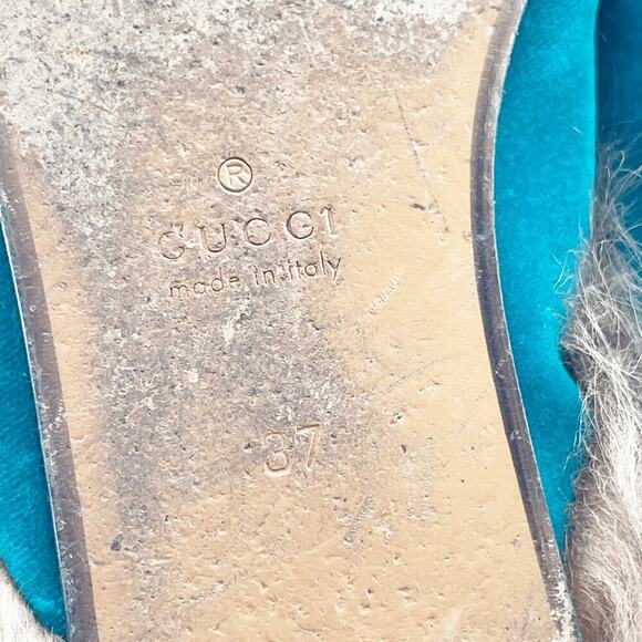 Gucci Teal Velvet Fur Lined Princetown Horsebit Mule Slipper Flat Loafer EU 37 - Picture 9 of 9
